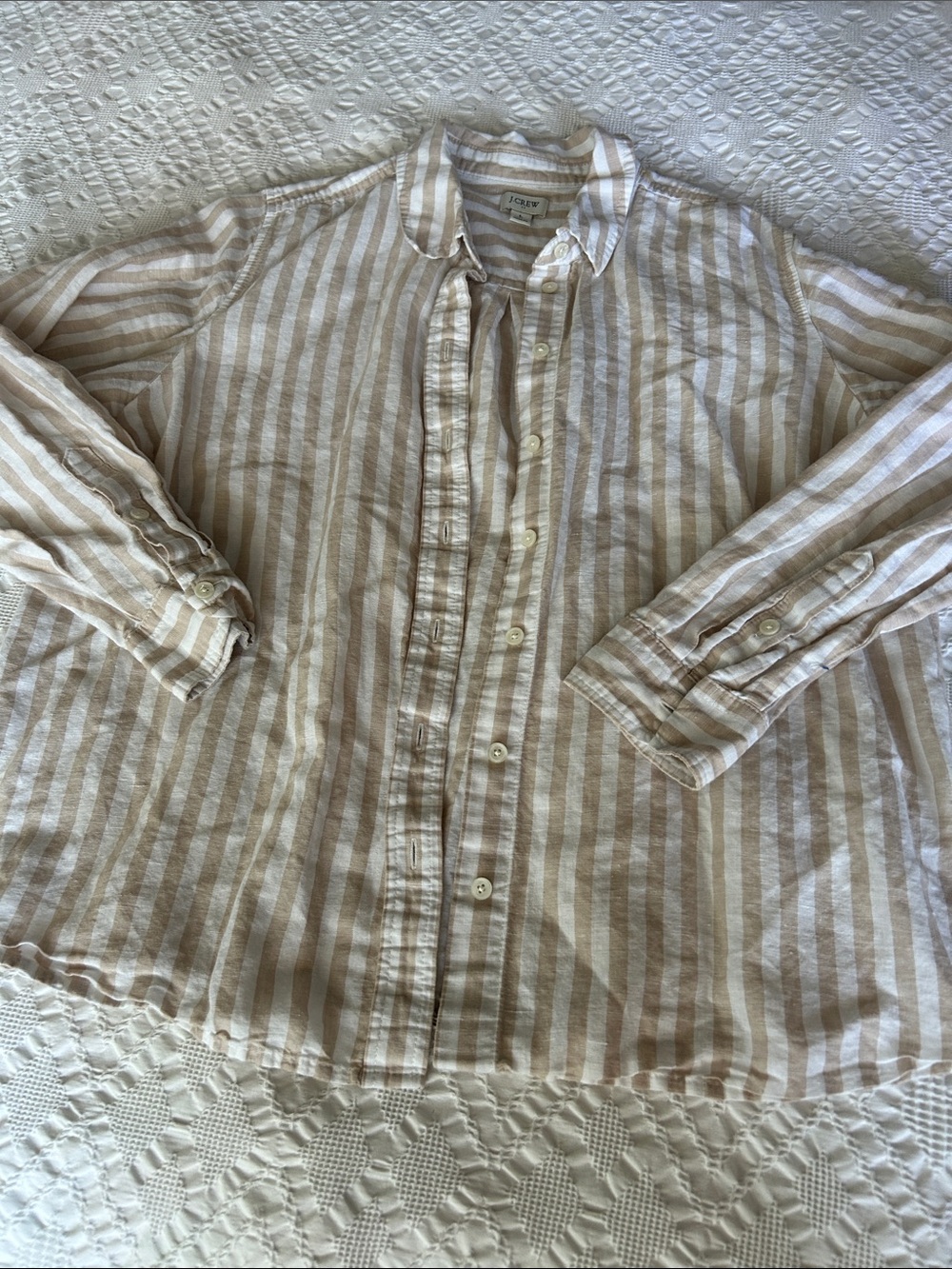 J. Crew Cream and White Striped Linen Button-Up